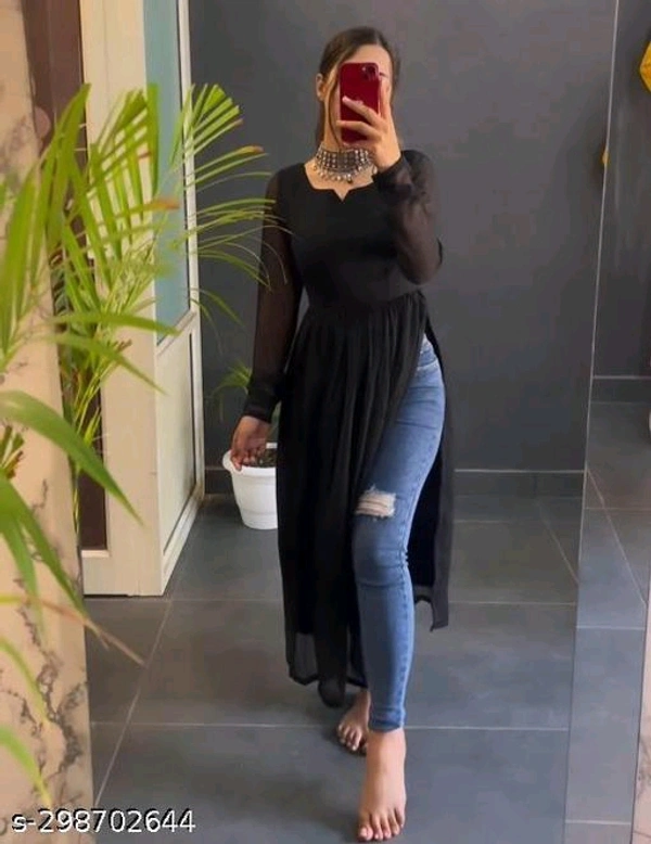 womens stylish kurtiName: womens stylish kurtiFabric: GeorgetteSleeve Length: Long SleevesPattern: SolidCombo of: Single,  Sizes:  S  M  L  XL XXL Country of Origin: India