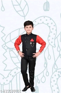 High Demand PG Kids Boys Stylish 3 Piece Suite SetTop Fabric: Cotton BlendBottom Fabric: Cotton BlendSleeve Length: Long SleevesTop Pattern: SolidBottom Pattern: SolidNet Quantity (N): SingleAdd-Ons: Bow TieSizes:2-3 Years (Bottom Length Size: 21 in) 3-4 Years (Bottom Length Size: 23.5 in) 4-5 Years (Bottom Length Size: 26 in) 5-6 Years (Bottom Length 