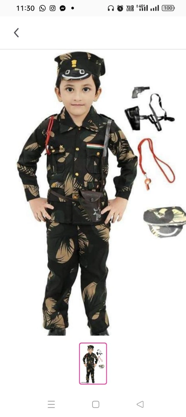 Boys Printed Army Or Bsf Dress With Cap Whistle Rope Gun Gun Cover Or Fancy Dress Compitition Or Regular WearTop Fabric: CottonBottom Fabric: CottonSleeve Length: Long SleevesTop Pattern: PrintedBottom Pattern: PrintedNet Quantity (N): SingleAdd-Ons: CapSizes:1-2 Years, 