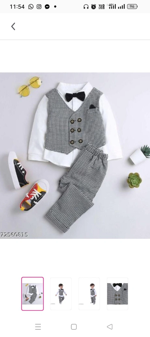 High Demand Baby Boys & Baby Girls Party(Festive) Shirt Pant, Bow Tie Top Fabric: Cotton BlendBottom Fabric: Cotton BlendSleeve Length: Long SleevesTop Pattern: CheckedBottom Pattern: CheckedNet Quantity (N): SingleAdd-Ons: Bow TieSizes:0-6 Months (Top Chest Size: 19.5 in, Bottom Waist Size: 12 in) 6-9 Months (Top Chest Size: 19.5 i