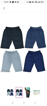  BOYS THREE FOURTH SHORTS 4PKFabric: CottonPattern: PrintedNet Quantity (N): 4Beautiful Seyor Cotton Shorts with attractive prints which are extremely comfortable for the both boys and girls .It is available in 4 different colours.Fancy print on right panel.Elastic and drawstings are attached at waistband.Single pocket at right side.It can use for reg