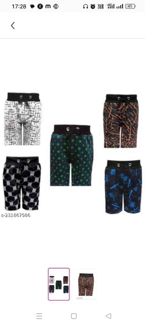 Trendy fashion Boys Printed shorts pack of 5Fabric: Cotton BlendPattern: PrintedNet Quantity (N): 5Boys printed shorts with top belt and  2 side pocketsSizes: 5-6 Years, 7-8 Years, 9-10 Years, 11-12 Years, 13-14 Years, 15-16 YearsCountry of Origin: India