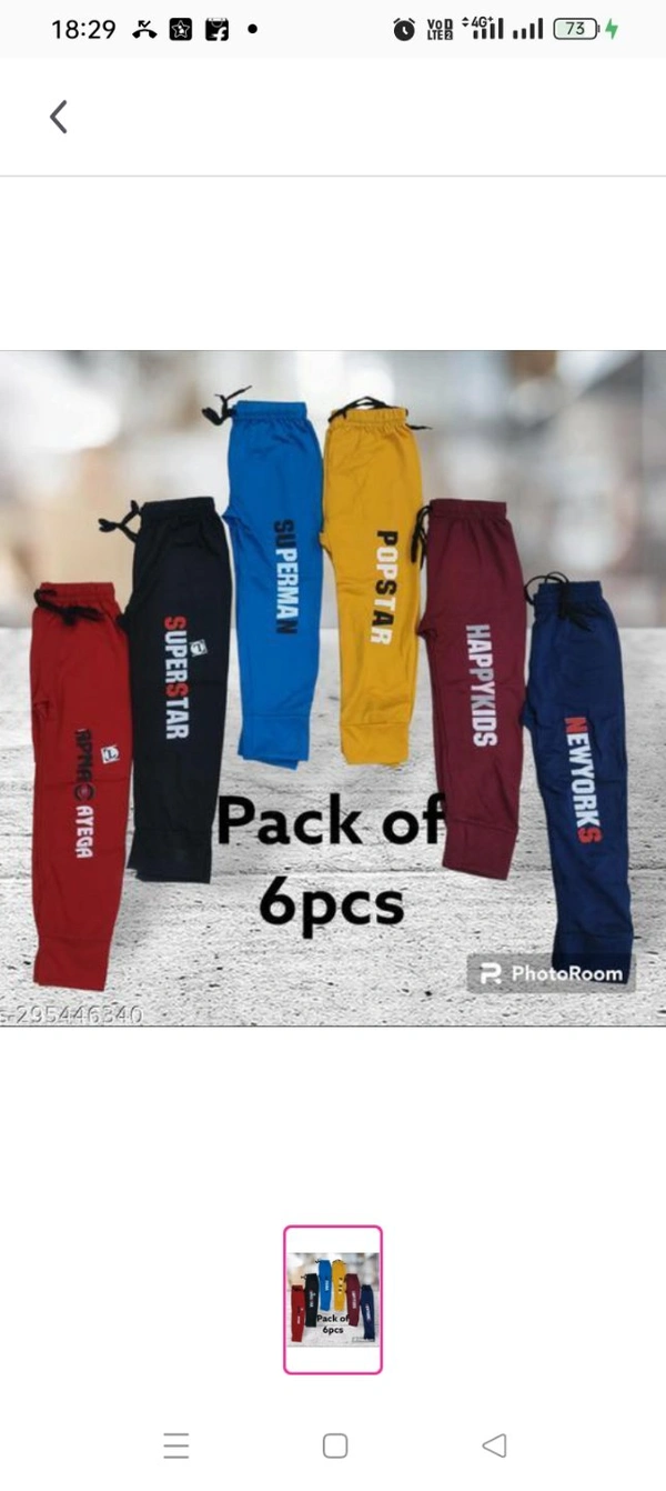 Bansal Enterprises 6pcs cotton track pants for kids for summer use Fabric: CottonPattern: PrintedNet Quantity (N): 6Bansal Enterprises 6pcs cotton track pants for kids for summer useSizes: 1-2 Years, 2-3 Years, 3-4 Years, 4-5 Years, 5-6 Years, 6-7 YearsCountry of Origin: India
