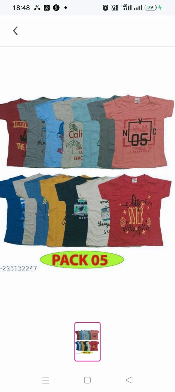 Girls Printed Cotton Blend T Shirt (Multicolor, Pack of 5) Fabric: Cotton BlendSleeve Length: Short SleevesPattern: PrintedNet Quantity (N): Pack Of 10Sizes: 9-12 Months, 12-18 Months, 18-24 Months, 1-2 Years, 2-3 Years, 3-4 Years, 4-5 Years, 5-6 Years, 6-7 Years, 7-8 Years, 8-9 Years, 9-10 Years, 10-11 YearsCountry of 