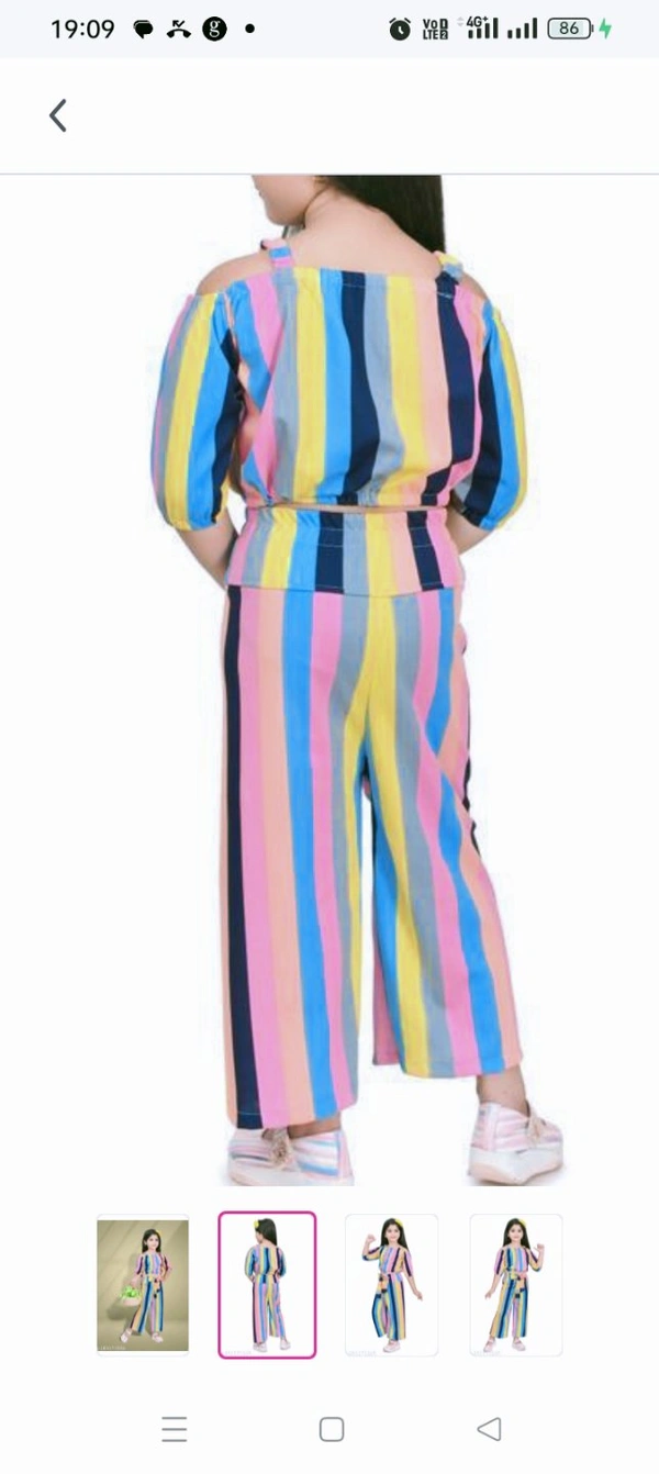 Princess Trendy Girls Top & Bottom SetsTop Fabric: CrepeBottom Fabric: CrepeSleeve Length: Three-Quarter SleevesTop Pattern: StripedBottom Pattern: StripedNet Quantity (N): SingleSizes:2-3 Years (Top Chest Size: 10 in, Top Length Size: 10 in, Bottom Waist Size: 11 in, Bottom Length Size: 21 in) 3-4 Years (Top Chest Size: 10.5 in, Top Lengt