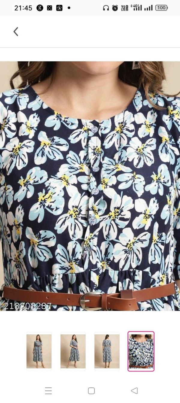 Women's Multicolor Printed Knee-Length Dress With Belt  Name: Women's Multicolor Printed Knee-Length Dress With Belt  Fabric: RayonSleeve Length: Three-Quarter SleevesPattern: PrintedNet Quantity (N): 1Sizes: S M L XL  XXL 
