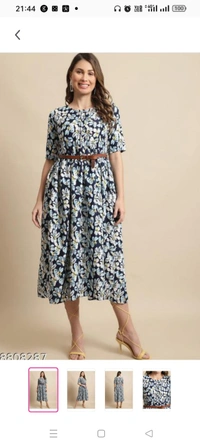 Women's Multicolor Printed Knee-Length Dress With Belt  Name: Women's Multicolor Printed Knee-Length Dress With Belt  Fabric: RayonSleeve Length: Three-Quarter SleevesPattern: PrintedNet Quantity (N): 1Sizes: S M L XL  XXL 