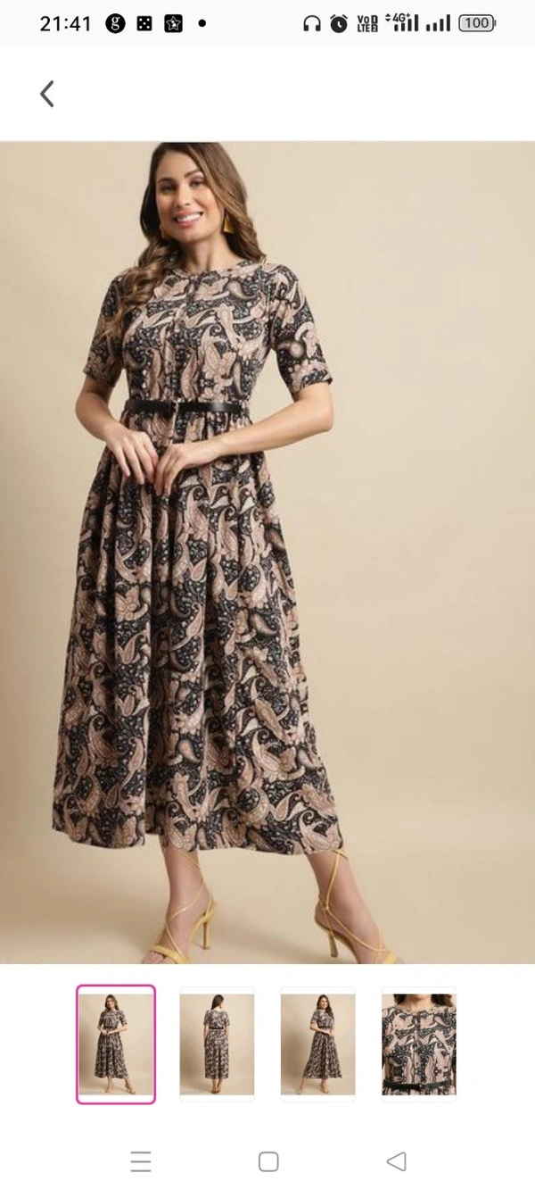 Women's Multicolor Printed Knee-Length Dress With Belt  Name: Women's Multicolor Printed Knee-Length Dress With Belt  Fabric: RayonSleeve Length: Three-Quarter SleevesPattern: PrintedNet Quantity (N): 1Sizes: S M L XL  XXL 