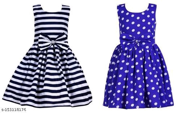 Girls Crepe Printed Frocks (Navy Strip+  Royal Blue Dot) Frocks & Dresses Fabric: CrepeSleeve Length: SleevelessPattern: PrintedNet Quantity (N): Pack Of 2Sizes:2-3 Years (Bust Size: 10.5 in, Length Size: 22 in) 3-4 Years (Bust Size: 11 in, Length Size: 23 in) 4-5 Years (Bust Size: 11.5 in, Length Size: 2