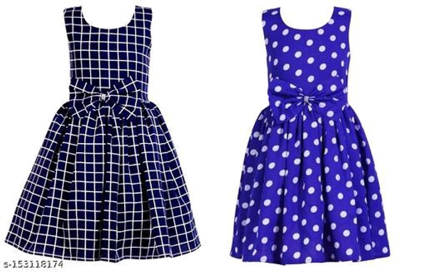 Girls Crepe Printed Frocks (Navy Strip+  Royal Blue Dot) Frocks & Dresses Fabric: CrepeSleeve Length: SleevelessPattern: PrintedNet Quantity (N): Pack Of 2Sizes:2-3 Years (Bust Size: 10.5 in, Length Size: 22 in) 3-4 Years (Bust Size: 11 in, Length Size: 23 in) 4-5 Years (Bust Size: 11.5 in, Length Size: 2