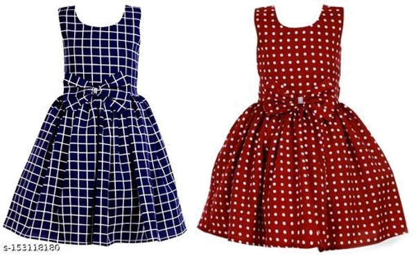 Girls Crepe Printed Frocks (Navy Strip+  Royal Blue Dot) Frocks & Dresses Fabric: CrepeSleeve Length: SleevelessPattern: PrintedNet Quantity (N): Pack Of 2Sizes:2-3 Years (Bust Size: 10.5 in, Length Size: 22 in) 3-4 Years (Bust Size: 11 in, Length Size: 23 in) 4-5 Years (Bust Size: 11.5 in, Length Size: 2