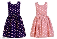 Girls Crepe Printed Frocks (Navy Strip+  Royal Blue Dot) Frocks & Dresses Fabric: CrepeSleeve Length: SleevelessPattern: PrintedNet Quantity (N): Pack Of 2Sizes:2-3 Years (Bust Size: 10.5 in, Length Size: 22 in) 3-4 Years (Bust Size: 11 in, Length Size: 23 in) 4-5 Years (Bust Size: 11.5 in, Length Size: 2