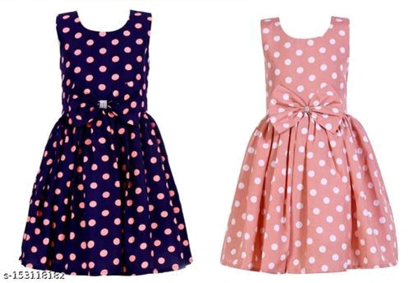 Girls Crepe Printed Frocks (Navy Strip+  Royal Blue Dot) Frocks & Dresses Fabric: CrepeSleeve Length: SleevelessPattern: PrintedNet Quantity (N): Pack Of 2Sizes:2-3 Years (Bust Size: 10.5 in, Length Size: 22 in) 3-4 Years (Bust Size: 11 in, Length Size: 23 in) 4-5 Years (Bust Size: 11.5 in, Length Size: 2