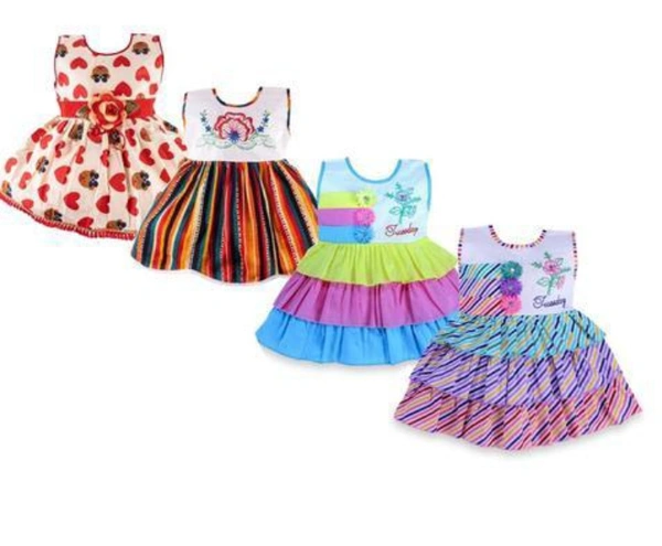  Trendy Wow Kids Baby Girls Cotton FrockFabric: CottonSleeve Length: SleevelessPattern: PrintedNet Quantity (N): Pack Of 4Sizes:0-6 Months (Bust Size: 10.5 in, Length Size: 15 in) 6-12 Months (Bust Size: 10.5 in, Length Size: 16 in) 12-18 Months (Bust Size: 10.5 in, Length Size: 17 in) 18-24 Months (Bust Size: 10.5 in, Length Size: 18 in) W