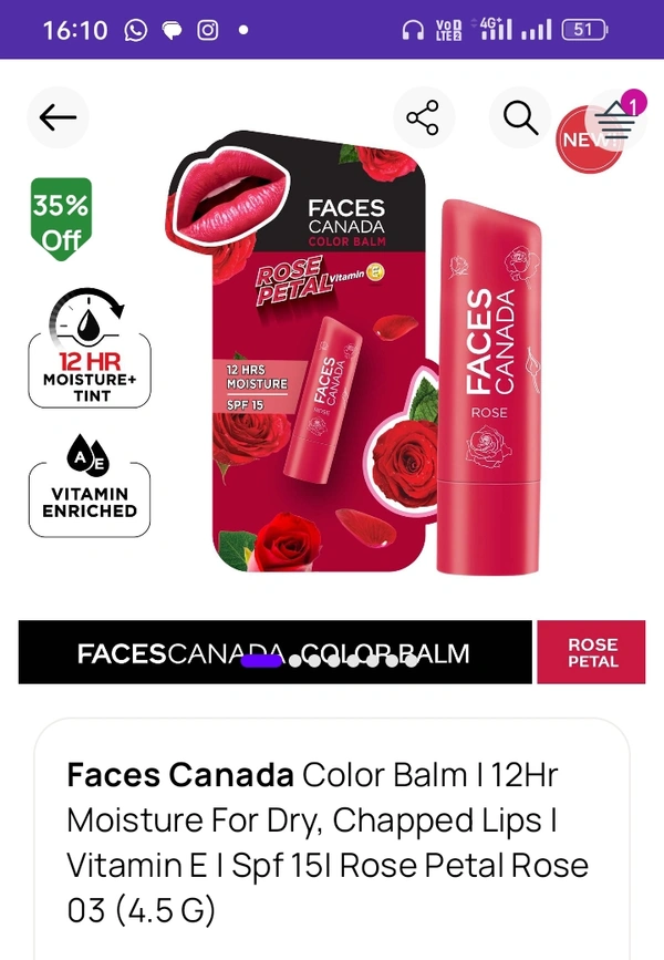 Faces Canada Color Balm | 12Hr Moisture For Dry, Chapped Lips | Vitamin E | Spf 15| Rose Petal Rose 03 (4.5 G) 