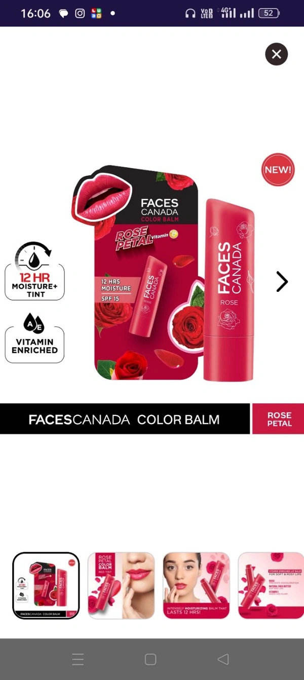 Faces Canada Color Balm | 12Hr Moisture For Dry, Chapped Lips | Vitamin E | Spf 15| Rose Petal Rose 03 (4.5 G) 