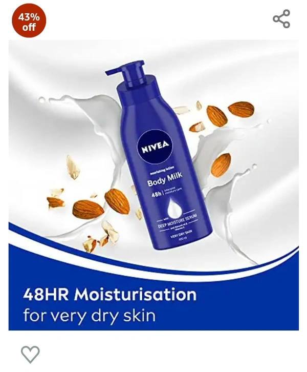 Nivia Mosturisation Cream  NIVEA Body Lotion for Very Dry Skin, Nourishing Body Milk with 2x Almond Oil 48H Moisturization, For Men & Women, 600 mlAmazon'sChoicefor "body lotion"43%off43%off