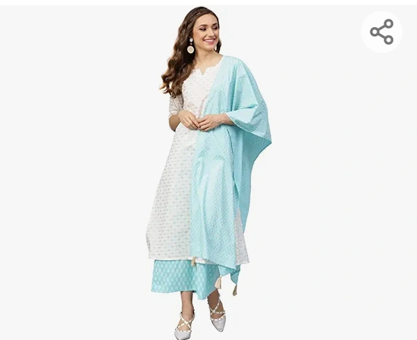 Idalia White And Sky Blue Khadi Gold Print Kurta Set With Dupatta