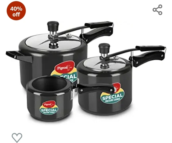 Pigeon by Stovekraft Aluminium Hard Anodized Pressure Cooker Combo with Induction Base Inner Lid - 2 L, 3 L, 5 L- 14455 (Silver)