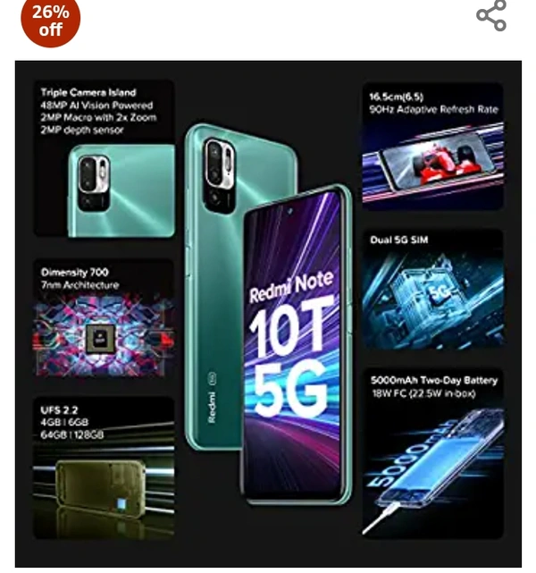 Redmi Note 10T 5G (Mint Green, 6GB RAM, 128GB Storage) | Dual5G | 90Hz Adaptive Refresh Rate | MediaTek Dimensity 700 7nm Processor | 22.5W Charger Included