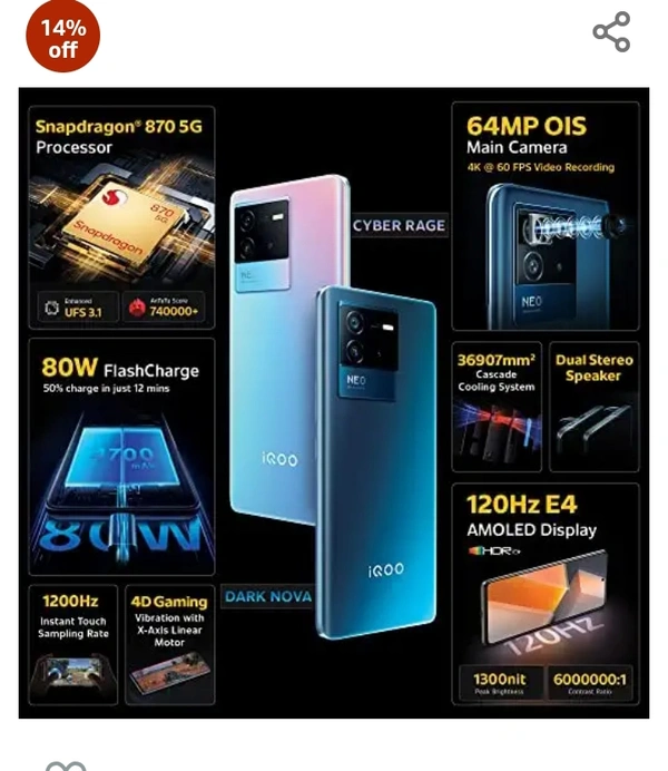 iQOO Neo 6 5G (Dark Nova, 8GB RAM, 128GB Storage) | Snapdragon® 870 5G | 80W FlashCharge