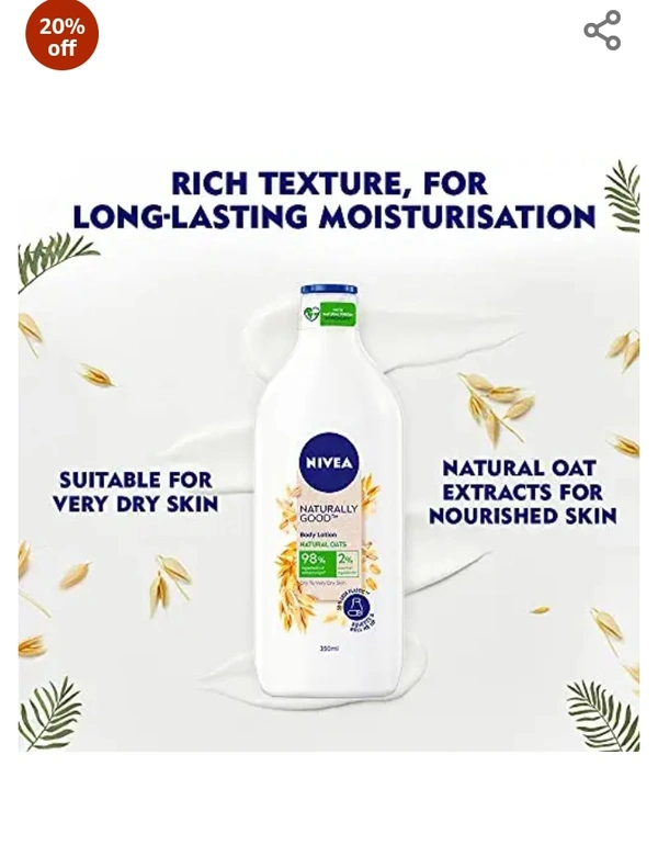 Nivia Nivea Naturally Good, Natural Oats Body Lotion, For Dry to Very Dry Skin, No Parabens, 98% Natural Origin Ingredients, 350 ml