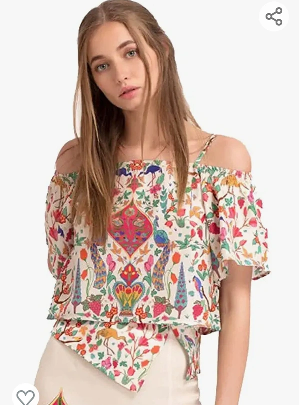 Shaye Women  Shaye Women's Satin Off Shoulder Top with Floral Print | Adjustable Strap | Short Sleeves | Regular Fit | for Every Occasion | Cream - M. L. XL. XXL