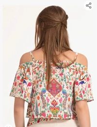 Shaye Women  Shaye Women's Satin Off Shoulder Top with Floral Print | Adjustable Strap | Short Sleeves | Regular Fit | for Every Occasion | Cream - M. L. XL. XXL