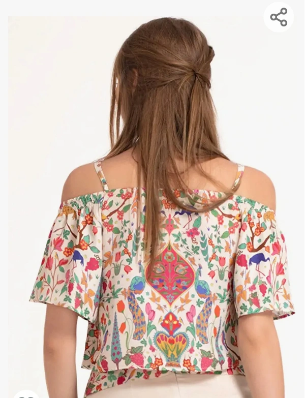 Shaye Women  Shaye Women's Satin Off Shoulder Top with Floral Print | Adjustable Strap | Short Sleeves | Regular Fit | for Every Occasion | Cream - M. L. XL. XXL