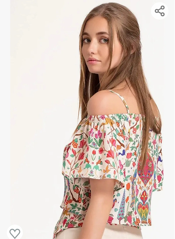 Shaye Women  Shaye Women's Satin Off Shoulder Top with Floral Print | Adjustable Strap | Short Sleeves | Regular Fit | for Every Occasion | Cream - M. L. XL. XXL