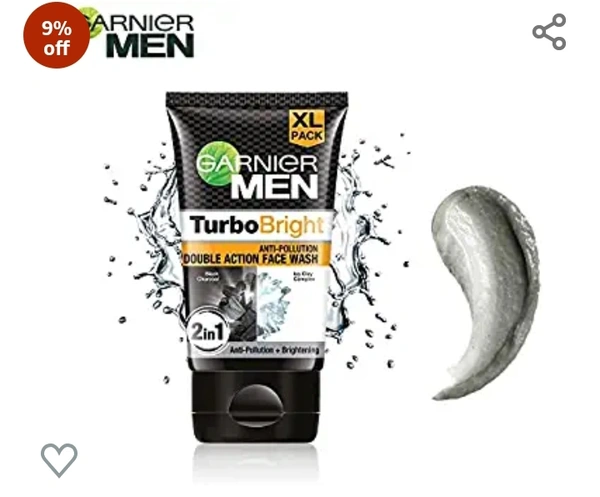 Garneir Garnier Men, Face Wash, Brightening & Anti-Pollution, TurboBright Double Action, 150 g