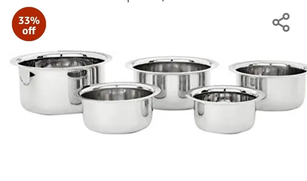 Amazon Brand - Solimo Stainless Steel Tope Set (5 pieces, 420 ml , 550 ml, 840 ml, 1150 ml and 1550 ml, Induction and Gas compatible)