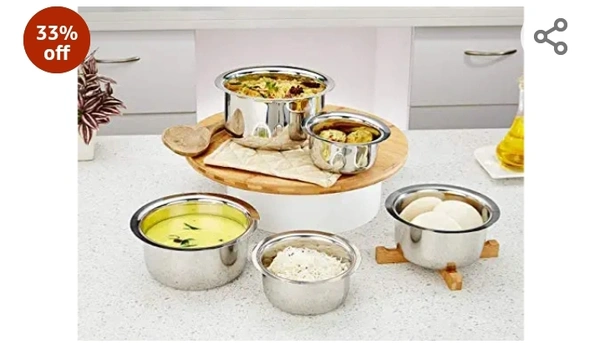 Amazon Brand - Solimo Stainless Steel Tope Set (5 pieces, 420 ml , 550 ml, 840 ml, 1150 ml and 1550 ml, Induction and Gas compatible)