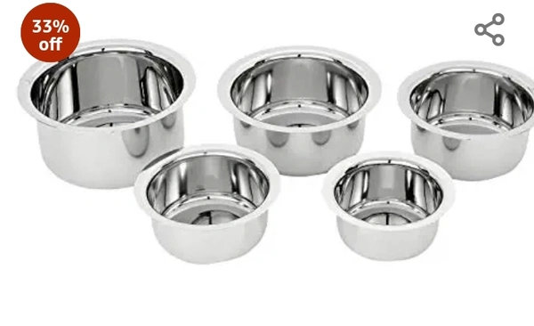 Amazon Brand - Solimo Stainless Steel Tope Set (5 pieces, 420 ml , 550 ml, 840 ml, 1150 ml and 1550 ml, Induction and Gas compatible)