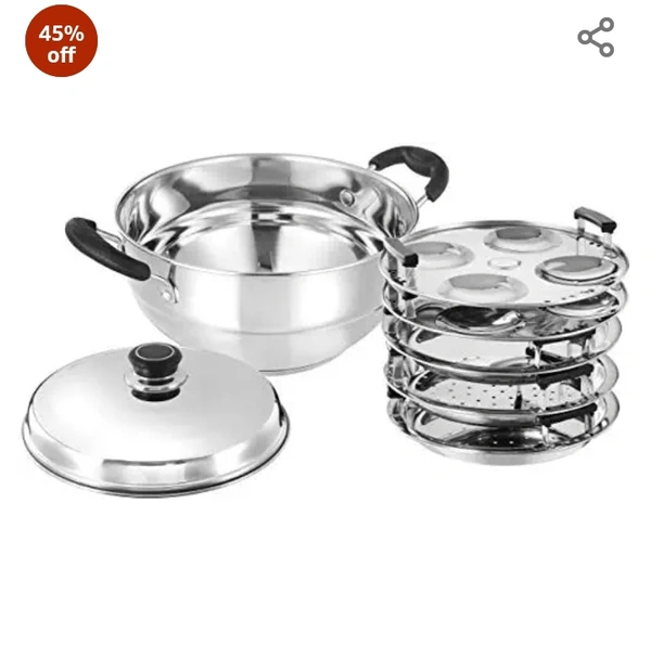 Amazon Brand - Solimo Stainless Steel Induction Bottom Multi Kadhai with 5 plates(idli, Dhokla and pathra), Silver45%off45%off