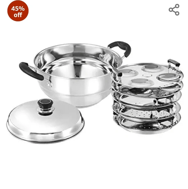 Amazon Brand - Solimo Stainless Steel Induction Bottom Multi Kadhai with 5 plates(idli, Dhokla and pathra), Silver45%off45%off