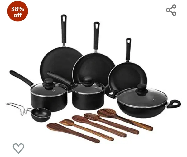 Amazon Brand - Solimo 12 Pieces Aluminium Non-Stick Cookware Set (Frying Pan, Sauce Pan with Glass Lid, Tawa) - Black