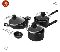 Amazon Brand - Solimo 12 Pieces Aluminium Non-Stick Cookware Set (Frying Pan, Sauce Pan with Glass Lid, Tawa) - Black