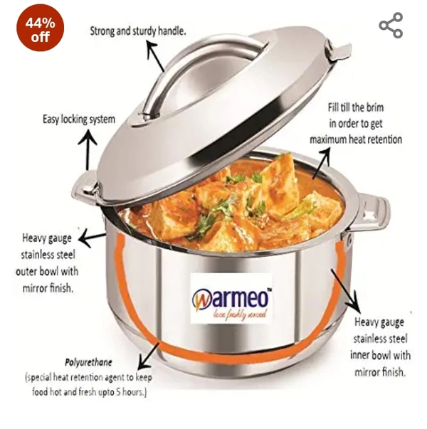 Warmeo WARMEO Stainless Steel Solid Casserole - 1000 ml, 1500 ml, 2500 ml, Set of 3, Silver