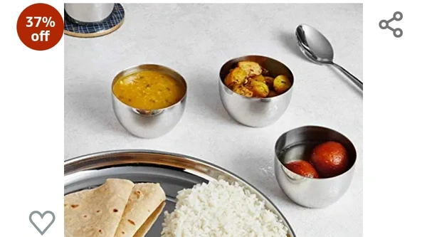 Amazon Brand - Solimo Sparkle Stainless Steel Bowl/Wati Set (6 pieces, 8cm dia), Silver