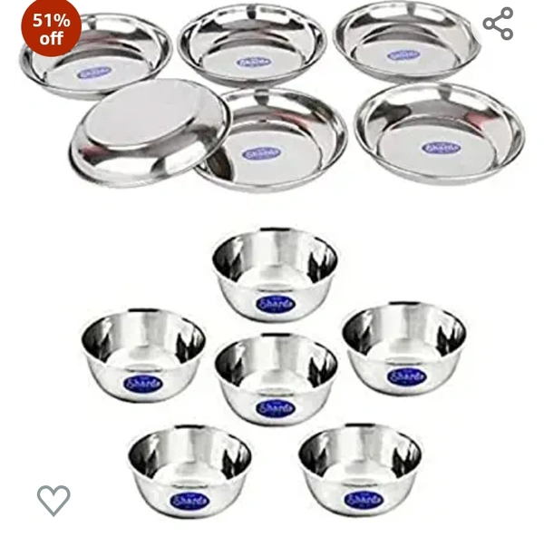 Sharda Metals Set of 6 Bowls & 6 Plates, Stainless Steel | Serving Dessert Curry Soup Bowls Wati Vati Katori | Small Rice Side Dishes | Kitchen & Dining ,Solid