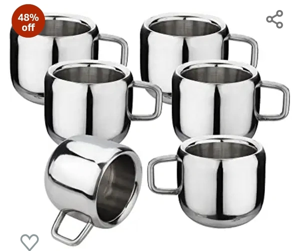 Apple Tea Cup Hometronics Pack of 6 Stainless Steel Double Wall Premium Steel Apple Tea & Coffee Cups,Set of 6, (100 Ml Each)