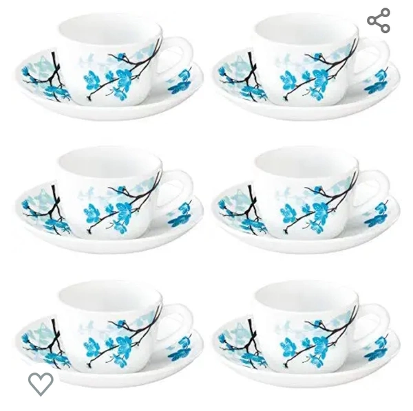 Brosil Larah By Borosil - Mimosa (LH) Cup and Saucer Set, 145ml, 12-Pieces, White and Blue, Glass