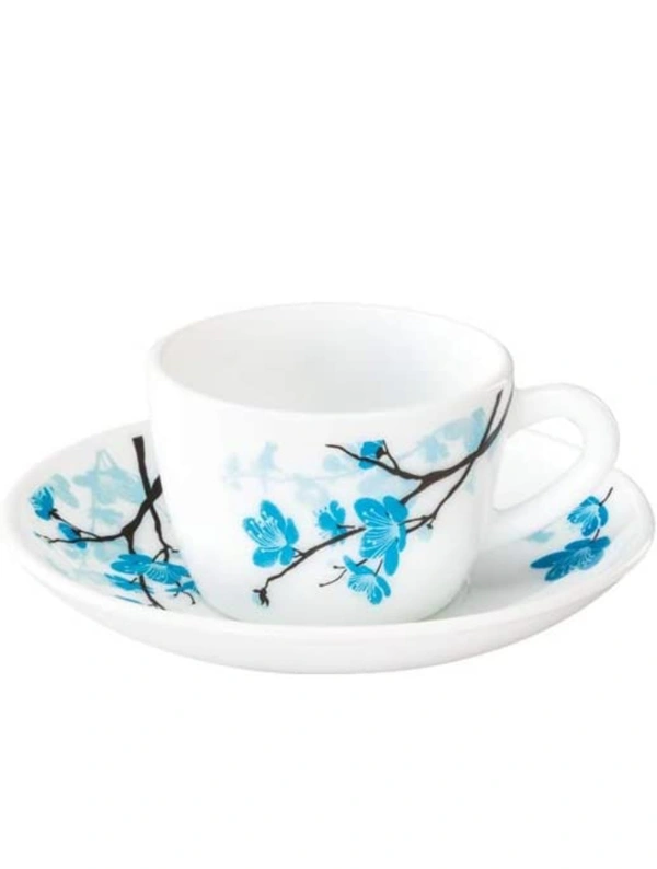 Brosil Larah By Borosil - Mimosa (LH) Cup and Saucer Set, 145ml, 12-Pieces, White and Blue, Glass