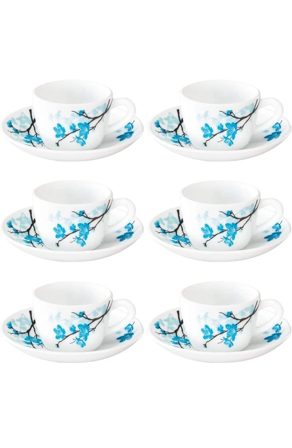 Brosil Larah By Borosil - Mimosa (LH) Cup and Saucer Set, 145ml, 12-Pieces, White and Blue, Glass