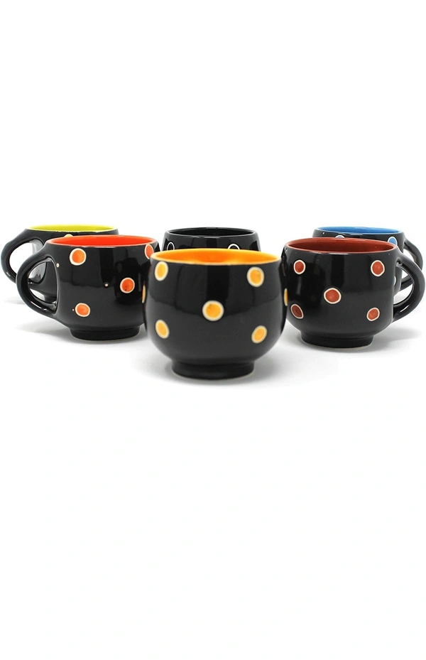 The Earth Store Stylish Ceramic Handcrafted Black Pari Dot Printed Microwave Safe Tea Cup/Coffee Cup Set Ideal Best Gift for Friends, Family, Home, Office use, Kitchen Cup Set (Set of 6, 130 ML)31%off