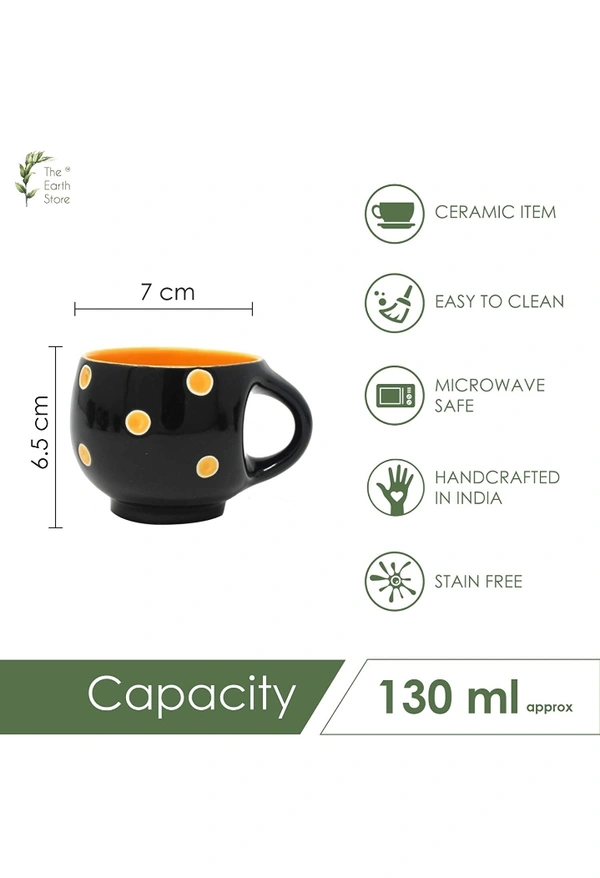 The Earth Store Stylish Ceramic Handcrafted Black Pari Dot Printed Microwave Safe Tea Cup/Coffee Cup Set Ideal Best Gift for Friends, Family, Home, Office use, Kitchen Cup Set (Set of 6, 130 ML)31%off