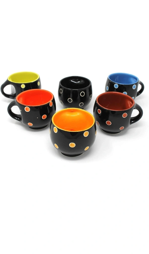 The Earth Store Stylish Ceramic Handcrafted Black Pari Dot Printed Microwave Safe Tea Cup/Coffee Cup Set Ideal Best Gift for Friends, Family, Home, Office use, Kitchen Cup Set (Set of 6, 130 ML)31%off
