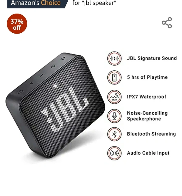 JBL Go 2, Wireless Portable Bluetooth Speaker with Mic, JBL Signature Sound, Vibrant Color Options with IPX7 Waterproof & AUX (Black)