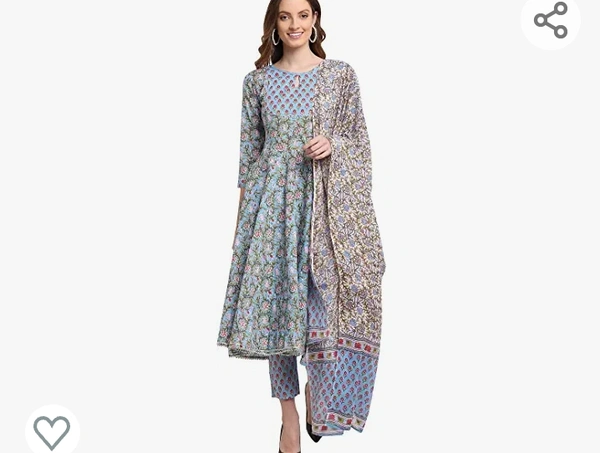 Monira Women's Pure Cambric Cotton Jaipuri Floral Printed Anarkali Kurta Set With Dupatta (Ready To Wear; Blue) - M. L. XL. XXL
